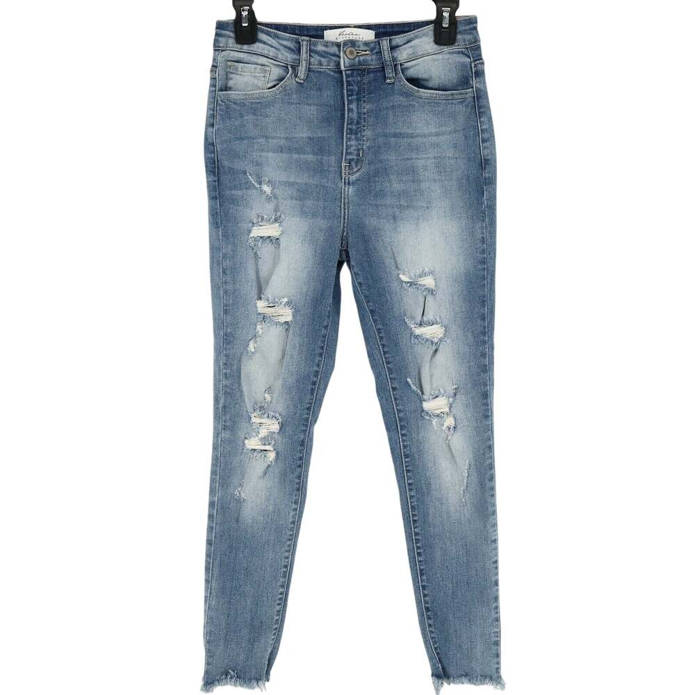 KanCan Jeans Womens 27 Waist Blue Stretch Denim Distressed Raw Hem Skinny